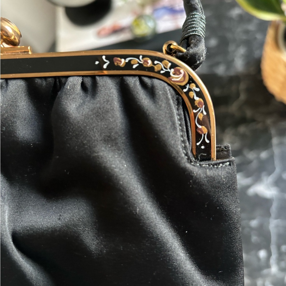 1950s Twifaille by Rosenfield  Black Satin Hand Painted Satin Bag